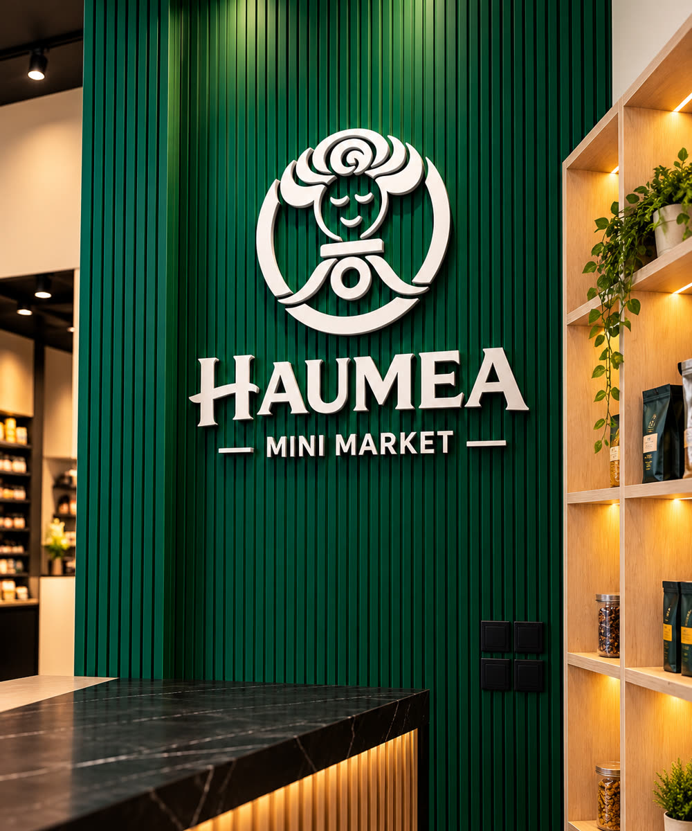 Logo corpóreo de Haumea Mini Market sobre pared verde